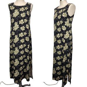 True Grit Silk Shift Maxi Dress L Black Taupe Hibiscus Print Sleeveless Tropical